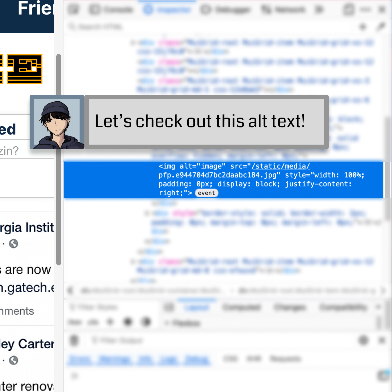 Screenshot from a website with an inspect window open and a popup saying 'Let's check out this alt text!'.
